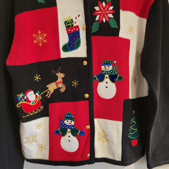 Vintage Crystal Kobe‎ Christmas Patchwork Cardigan Sweater Medium - Picture 3 of 7